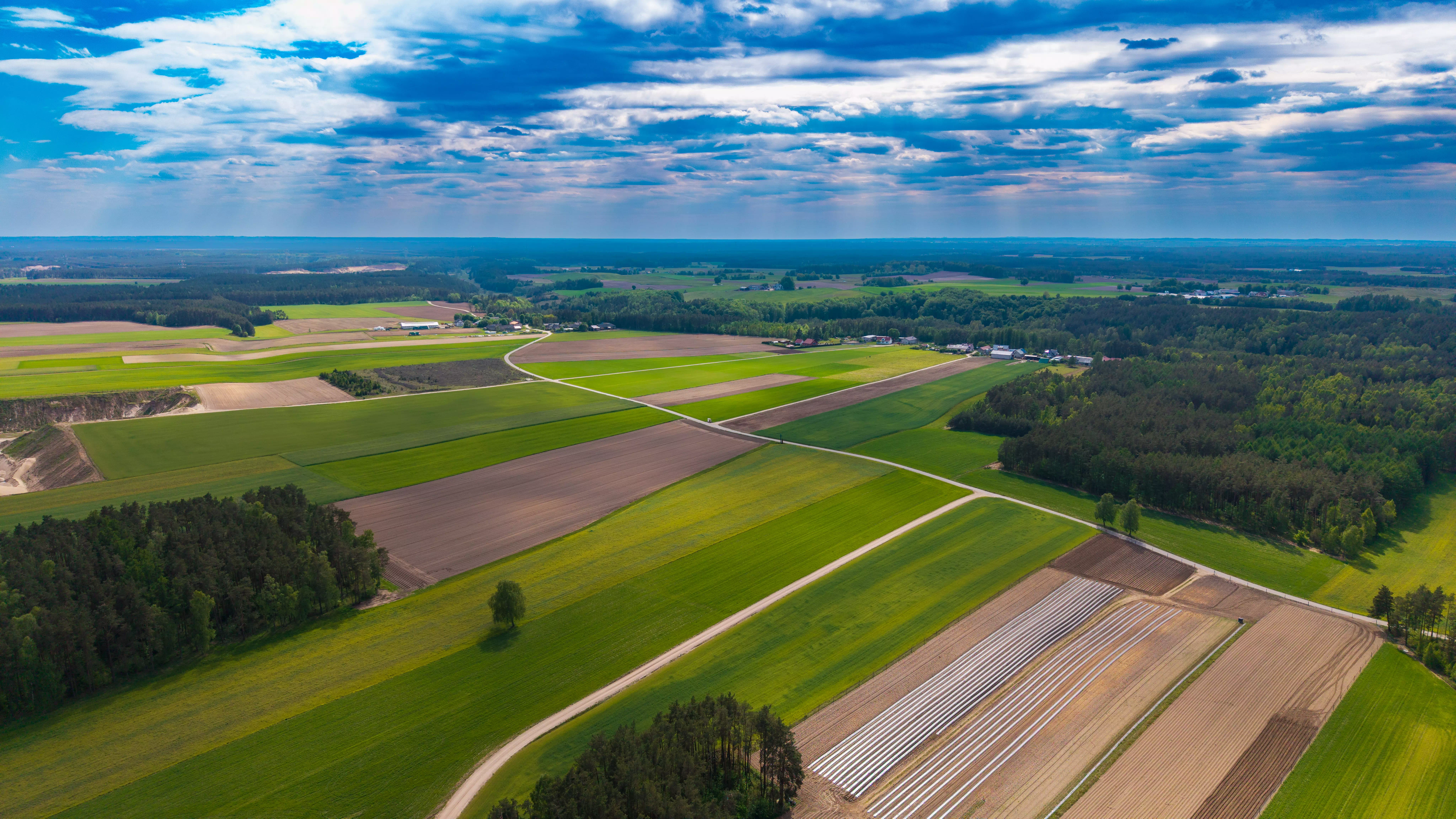 Mozaika pól uprawnych i lasów na tle rozległego krajobrazu wiejskiego pod niebem z chmurami, widok z powietrza