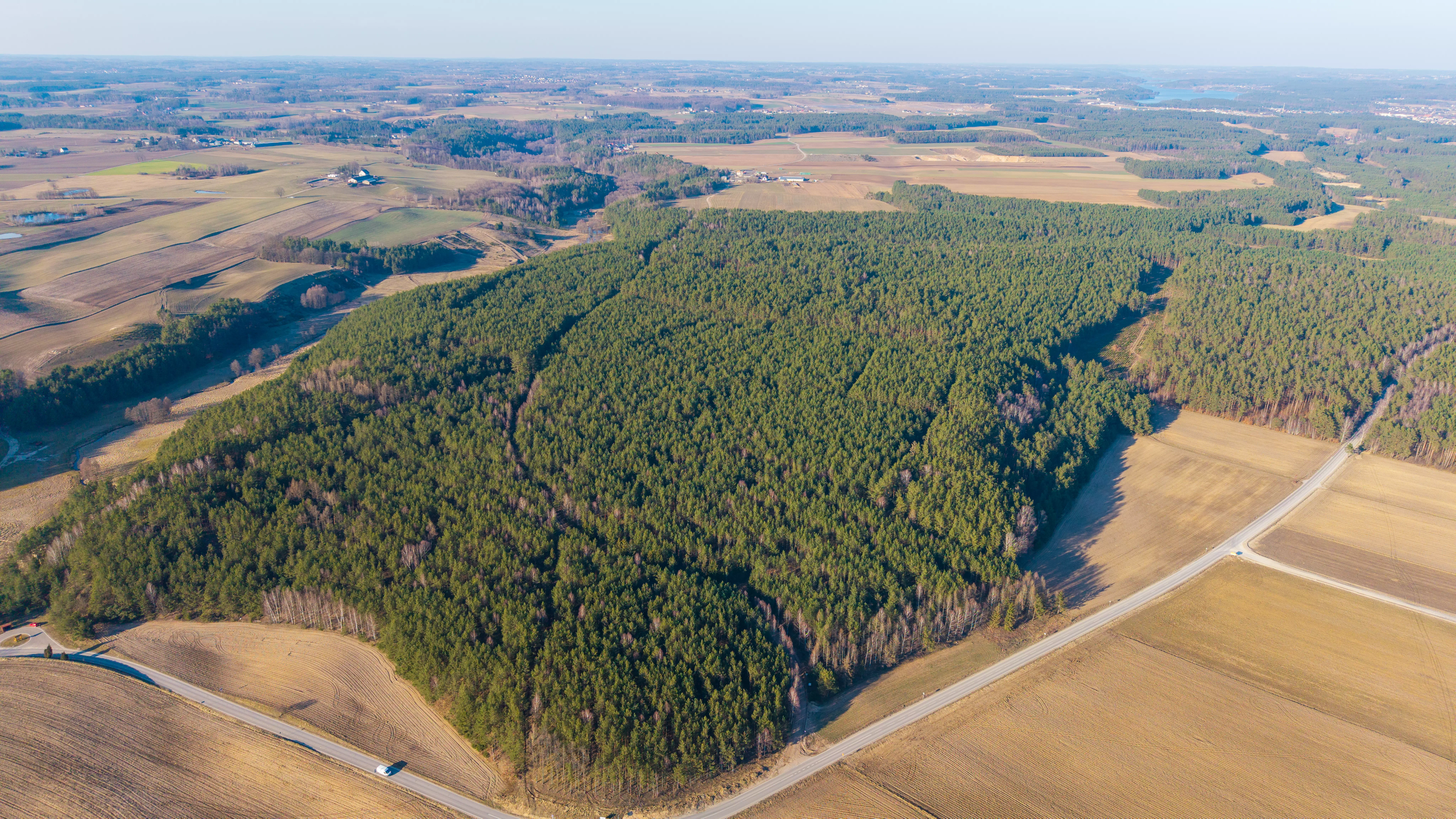 Panorama miasta z widocznym stadionem, zabudową jednorodzinną, jeziorem i otaczającymi lasami, widok z lotu ptaka